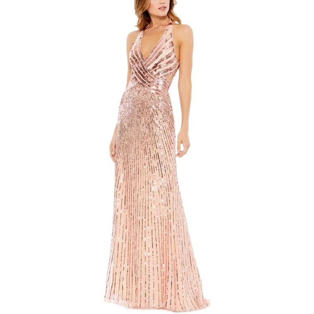 Mac Duggal Womens  Sleeveless Faux Wrap Sequin Embellished Trumpet Dress